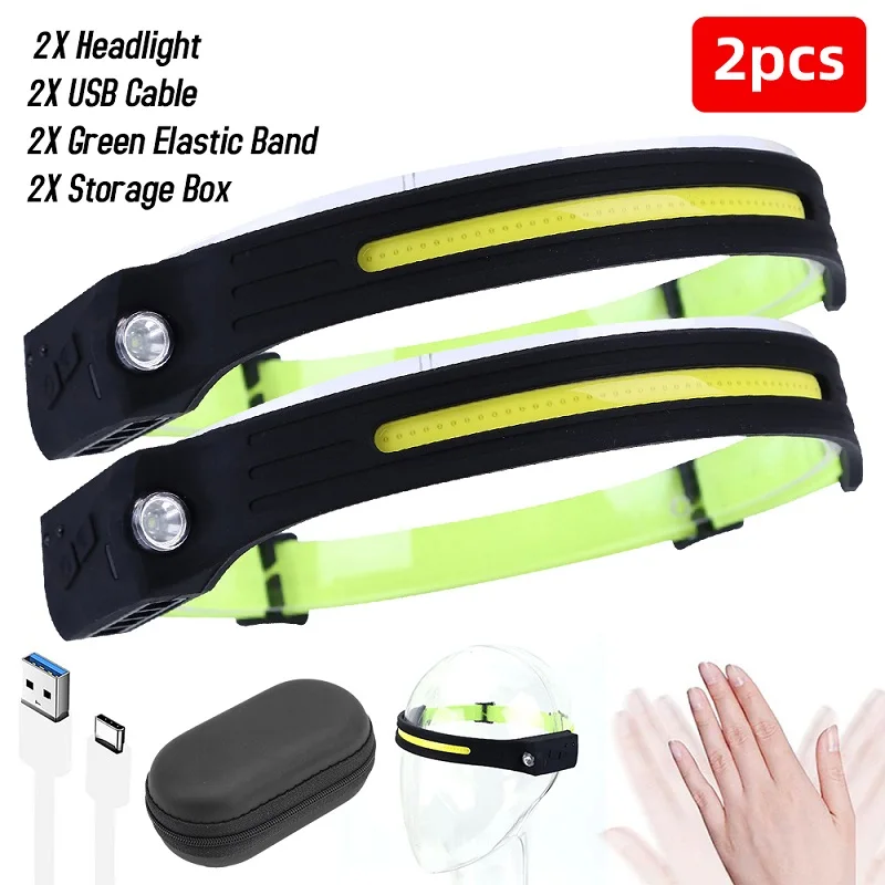 

1/2Pcs LED Headlamp Flashlight Sensor Rechargeable USB Headlamp Head Torch 4 Mode Headlight for Outdoor Running Fishing Camping
