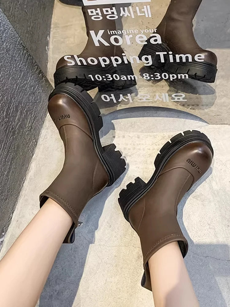 

Boots Women New 2023 Autumn Shoes Round Toe Clogs Platform Zipper Lolita Ankle Rubber Med Ladies Summer Leather Microfiber Solid