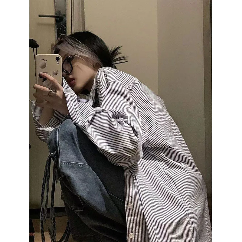 

HOUZHOU Harajuku Oversized Striped Shirts Women Streetwear Hippie Long Sleeve Vintage Blouse Korean Fashion Cool Casual Basic