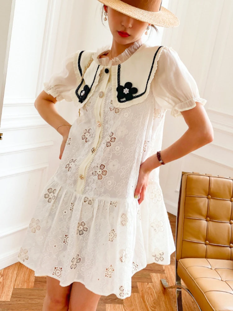 

Jastie Black Embroidered Doll Collar Dress Women Elegant Cotton Breasted Puff Sleeve Dress Vintage French Dresses Vestidos