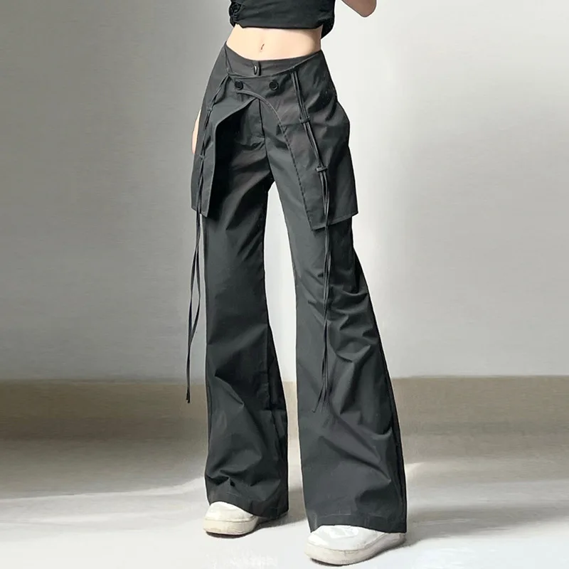

Брюки-карго женские в стиле ретро, рабочая одежда, повседневные штаны с широкими штанинами, уличная одежда оверсайз, брюки для бега в стиле ретро с большими карманами