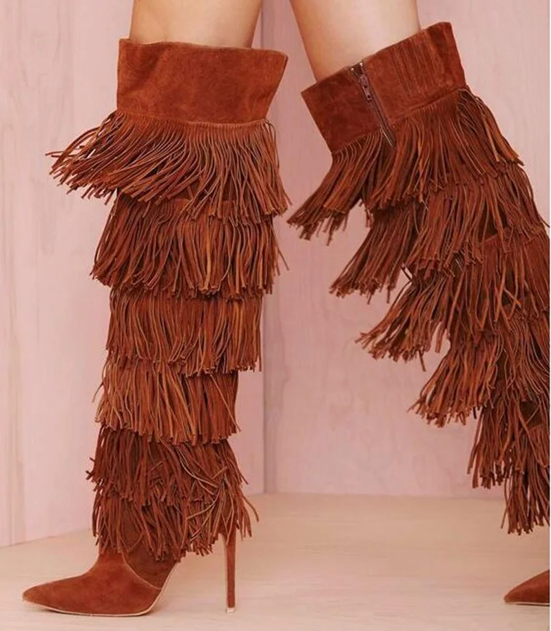 

Пикантные женские длинные сапоги с бахромой, коричневые замшевые сапоги с острым носком и бахромой на высоком каблуке, сапоги до колена с боковой молнией, большие размеры до 44