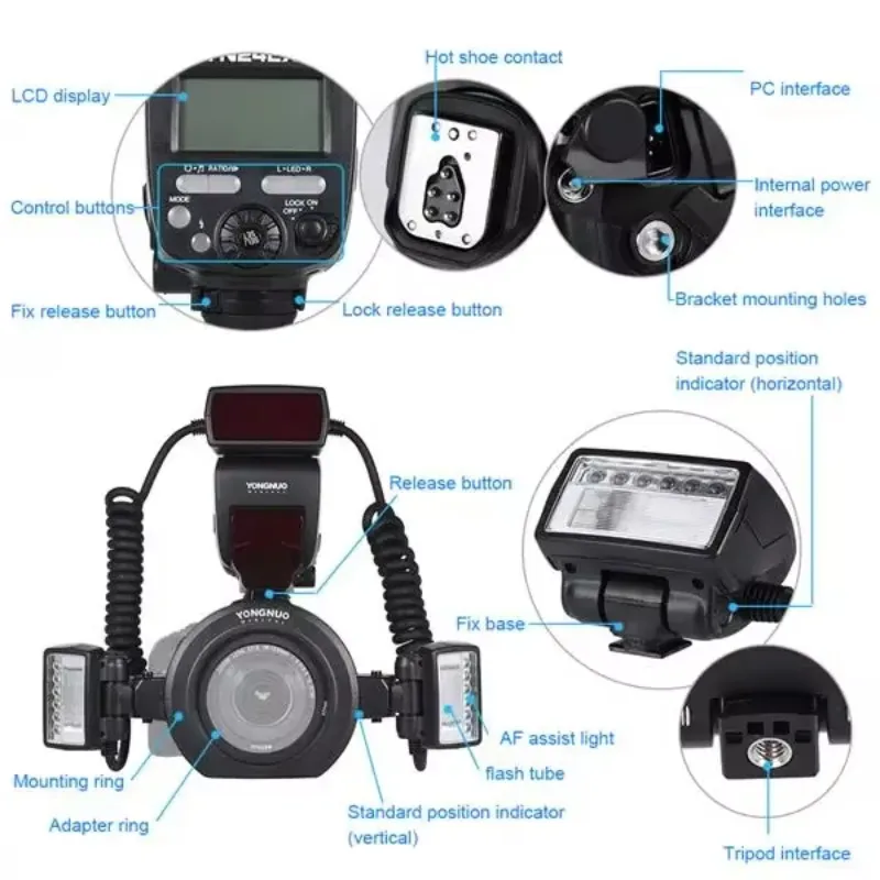 Фото 2026 YONGNUO YN24EX E-TTL Макро-вспышка Speedlite 5600K с 2 головками вспышки и 4 адаптерными кольцами для Canon EOS 1Dx 5D3 6D 7D 70 №4