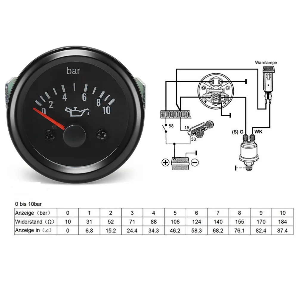 Желтый светодиодный датчик 52 мм VDO 0 ~ 10 бар Манометр масла без датчика Пресс-метр