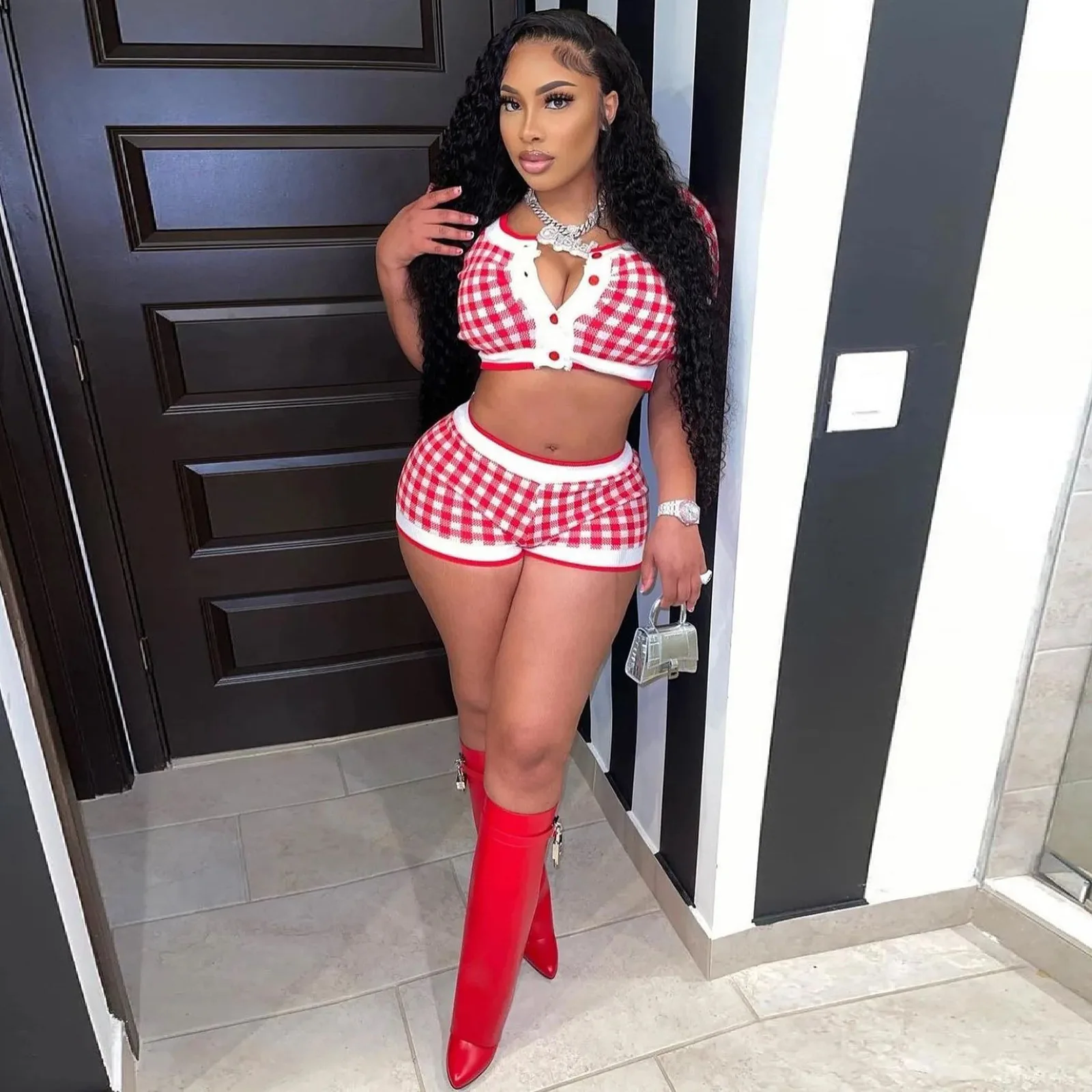 

Plaid Print Navel Shirt Shorts Set Women Bodycon Summer Short Sleeve Crop Tops Shorts Two Piece Suits Clothes