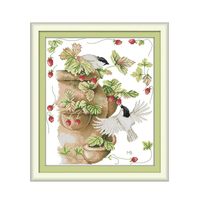 

Birds and strawberries cross stitch kit aida 14ct 11ct count printed canvas stitches embroidery DIY handmade needlework