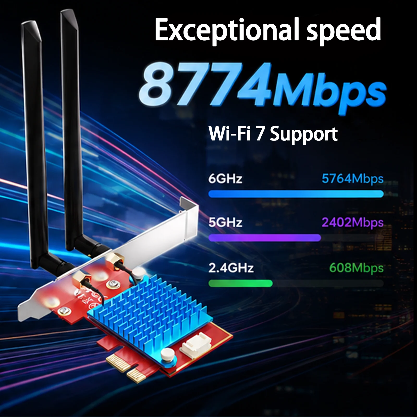 Фото BZIZU Intel BE200 WiFi 7 PCIe-адаптер, 8774 Мбит/с, трехдиапазонный 6 ГГц, Bluetooth 5.4, PCIe X1 для настольных ПК №2