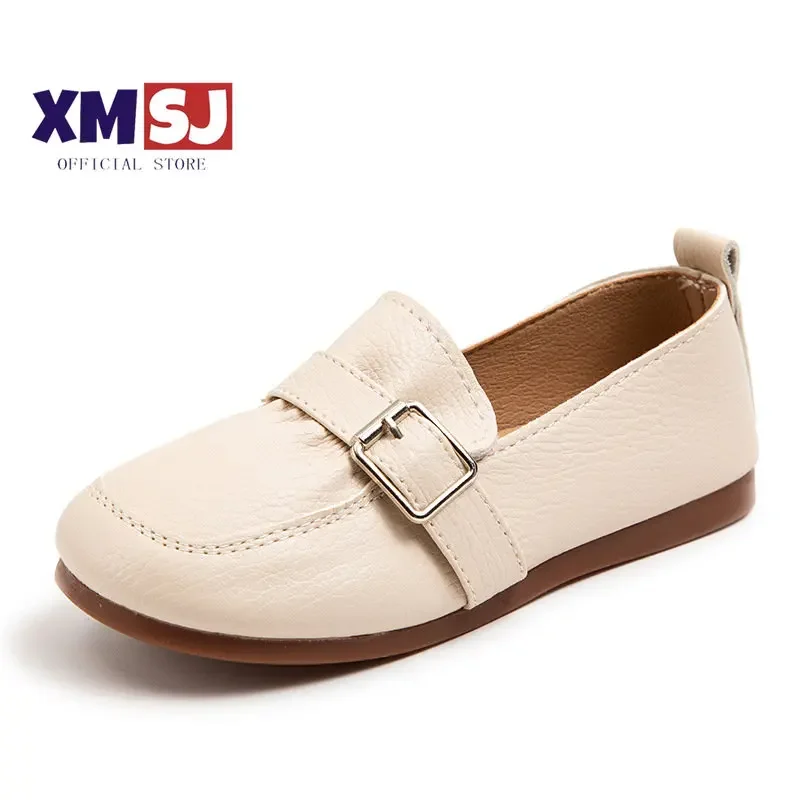 

Girl's Loafers Spring Concise Style Buckle Slip-on Light Children Leather Shoes 26-36 Beige Khaki Calssic Leisure Kids Flat Shoe