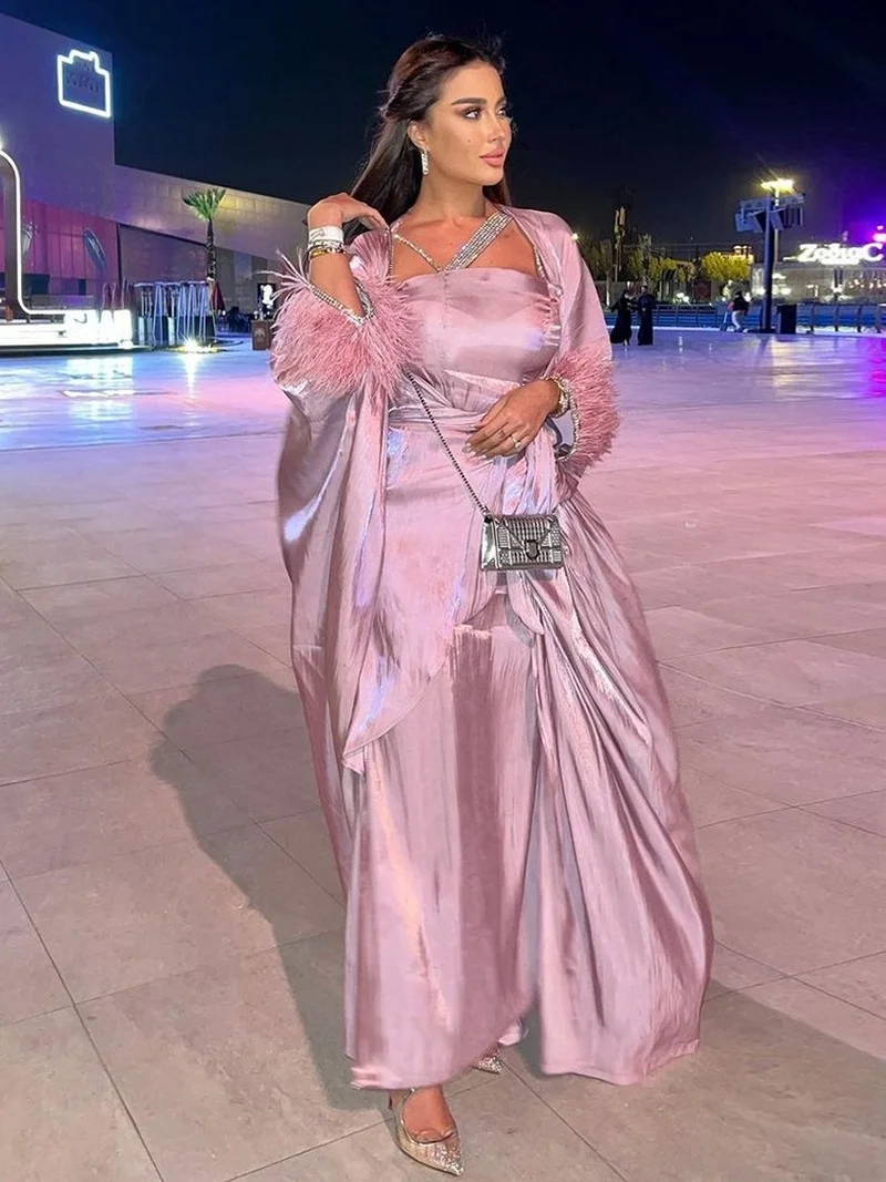 3 Piece Set Women Muslim Dubai Arab Outfit Kimono Open Abaya Vest Dresses Feather Diamonds Sleeve Islamic Clothing Sets