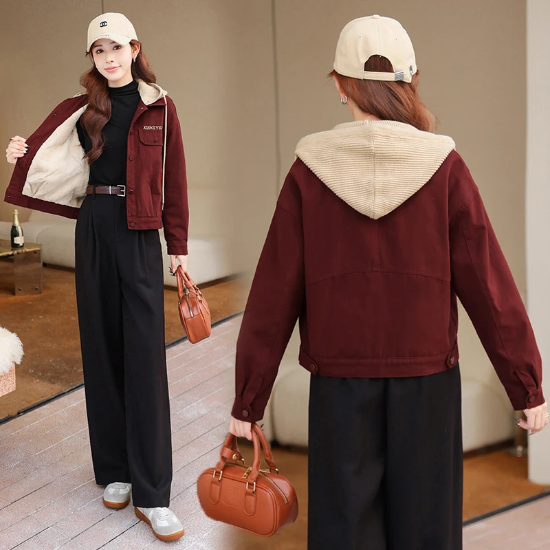 Fleece-lined Thick Baseball Uniform Outwear Women's Winter 2025 New Arrival Small Casual Short Denim Jacket Tops |