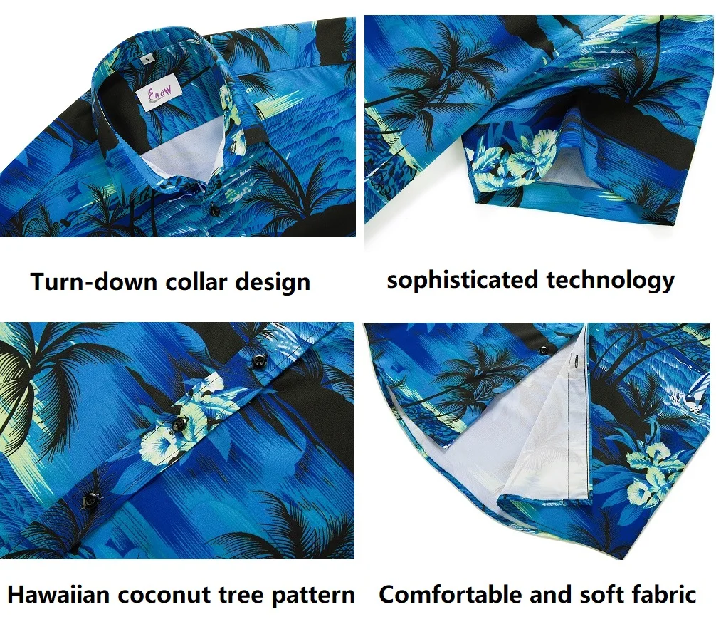 EUOW Mens Beach Shirts Summer Vacation Men Clothing Hawaiian Button Shirts Short Sleeve Camisas Casual Printed Blouse Top 2022