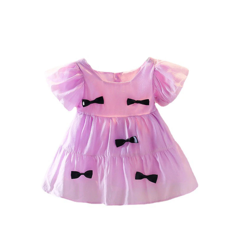 

Girls Casual Dress Petal Sleeve Palace Style Dress Skirt Bow Print Princess Dresses 2022 Summer Children's Clothing