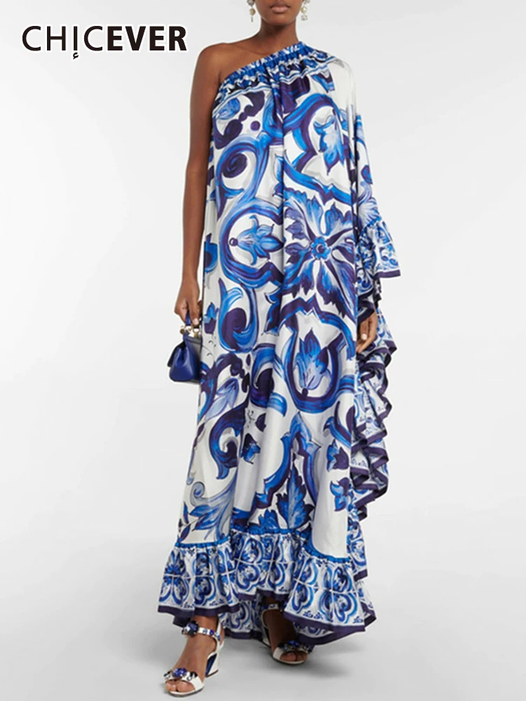 

CHICEVER Vintage Printing Maxi Dresses For Women Diagonal Collar One Shoulder Sleeve Colorblock Asymmetrical Loose Dress Female