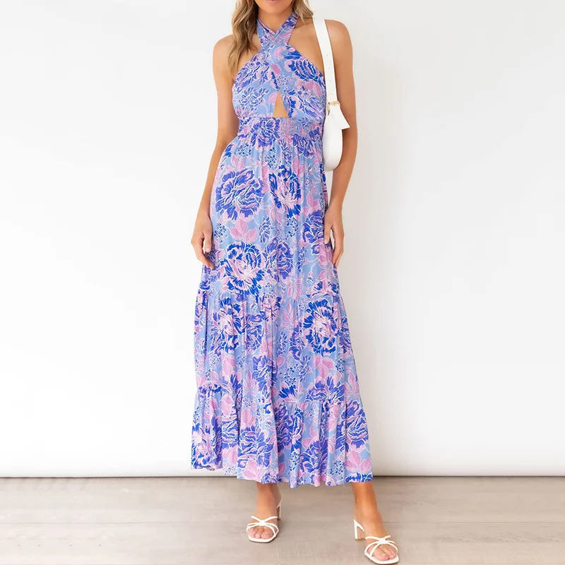 

Summer Holiday Woman Dress Halter Sleeveless Fashion Vestido European Style Woman Dress