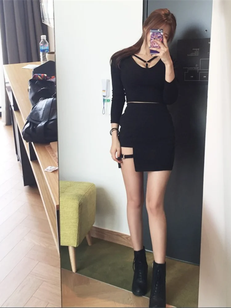 Черные юбки-карандаш в Корейском стиле с асимметричным подолом