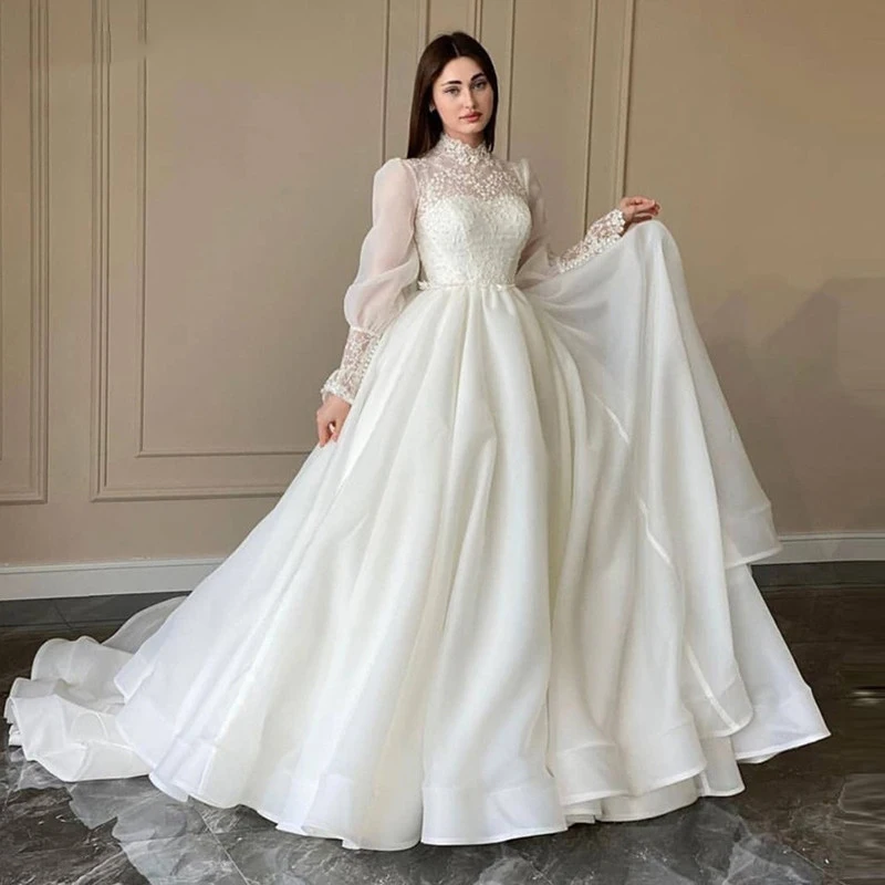 

Modest A-Line Wedding Dress Lace Puff Long Sleeves High Neck Wedding Bridal Gowns 2022 Robe de mariage