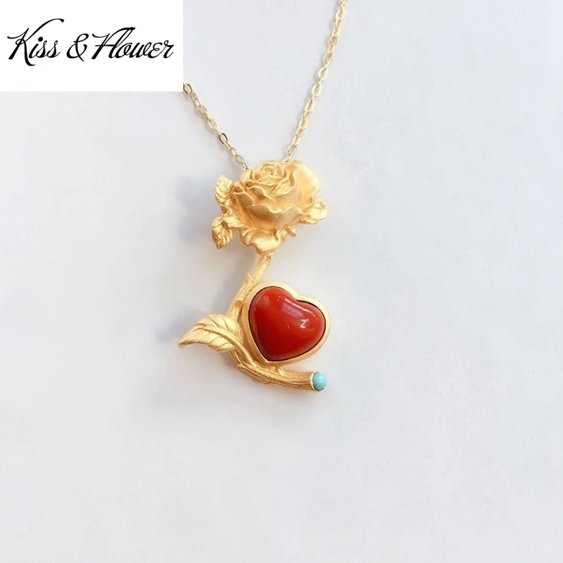 

KISS&FLOWER NK286 Fine Jewelry Wholesale Fashion Woman Bride Mother Birthday Wedding Gift Rose Agate Heart 24KT Gold Necklace