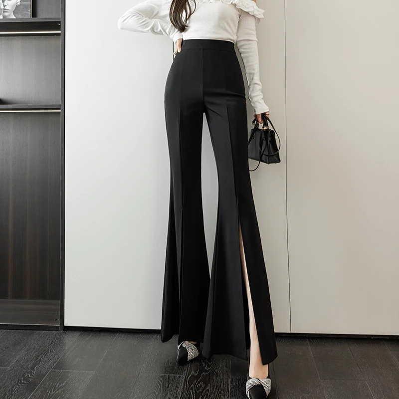 Korean Fashion Ladies Wear Split Hem Bell-bottoms Pants Women Chic OL High Waist Zipper Fly Trousers Female Streetwear Clothes 2
