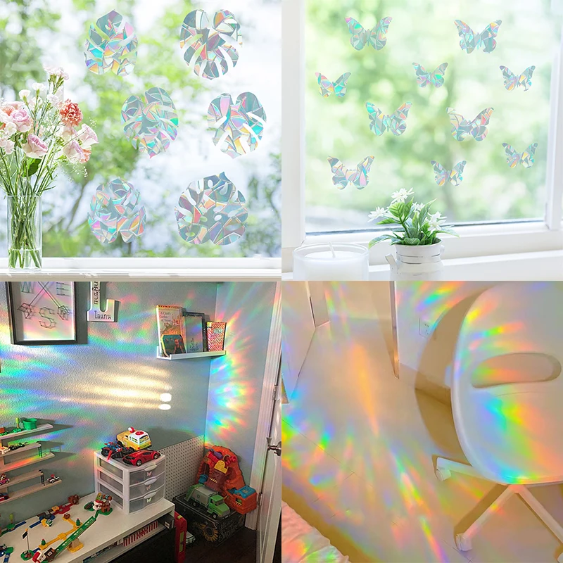 

1Set Rainbow Reflective Wall Sticker Sun Light Catcher Window Decals 3D Butterfly Leaf Glass Sticker Home Living Room Decor