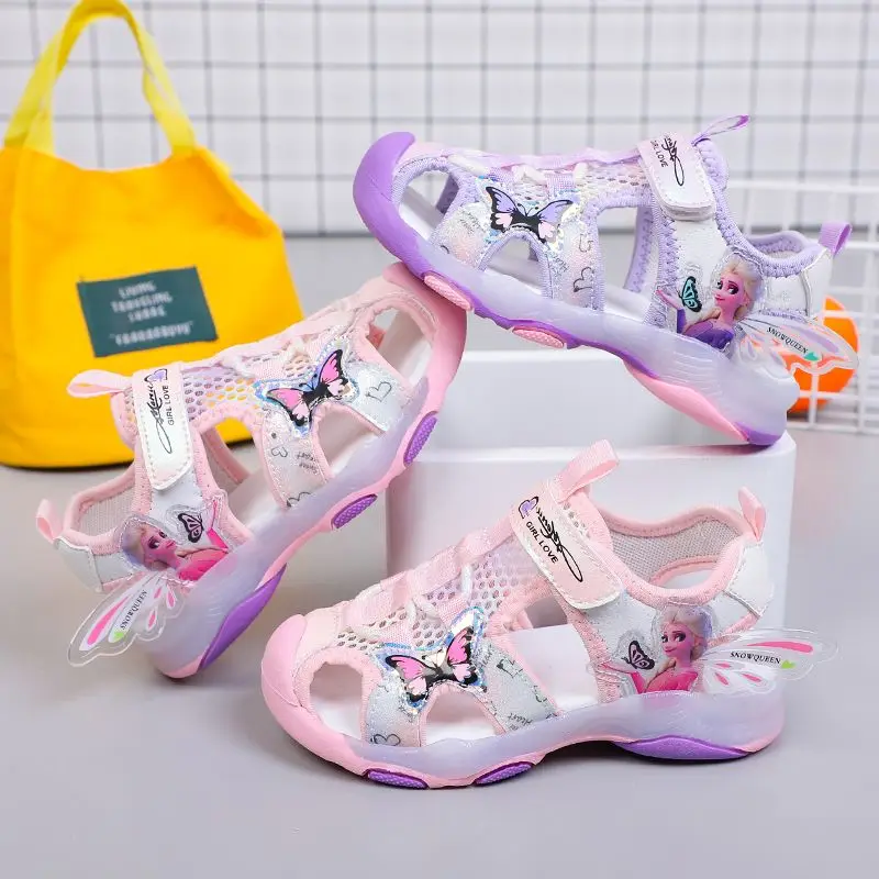 Disney Frozen Girls Sandals Summer Princess Elsa Soft Sole Non-slip Light Up Pink Purple Shoes Size 23-36 images - 6