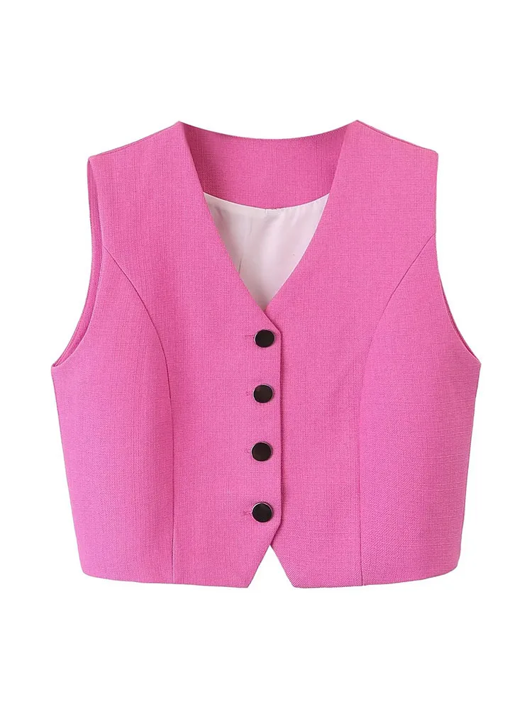 

BSK&ZA&TRF Women 2023 New Fashion Textured Solid Cropped V Neck Vest Vintage Sleeveless Button-up Female Waistcoat Chic Tops