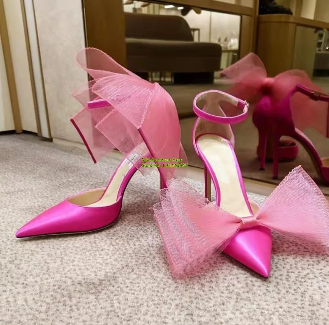 

Asymmetric Grosgrain Mesh Butterfly-Knot Women Pumps Pointed Toe Stiletto High Heels Wedding Shoes Buckle Fastening Ankle Strap