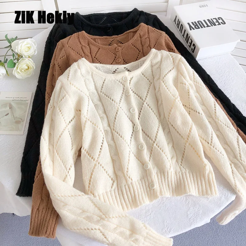 

Zik Hekiy Women Round Neck Single-Breasted Twist Long-Sleeved Short Knitted Sweater Small Cardigan Solid Color Jacket Women Top