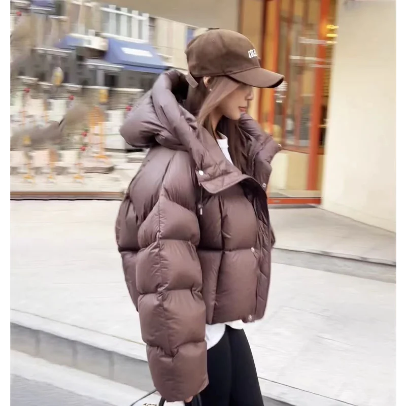 wa kurtka damska Krótka puchowa z kapturem 2024 Płaszcz zimowy Koreańska moda Grube ciepłe parki Luźna biała kaczka Różowa odzież wierzchnia