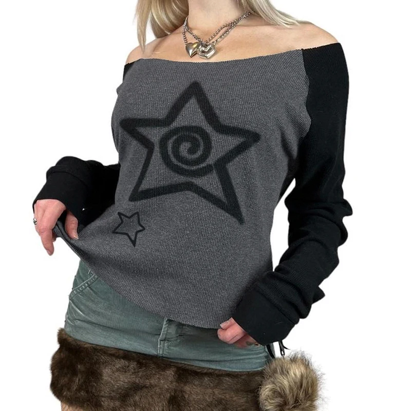 Уличная женская футболка Darlingaga с разрезом на шее и звездой длинным рукавом