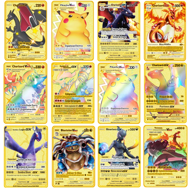 

Pokemon Cards Metal Pokemon Letters Charizard Pikachu Mewtwo Vmax Golden Iron Shinny Card Anime Collection Card Gifts for Kids