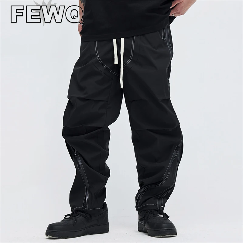 

FEWQ Male Cargo Pants Zipper Male Overalls High Street Solid Color Drawstring Trousers Y2k Safari Style 2023 Spring New 24B2157