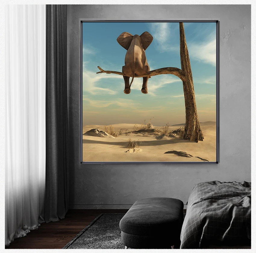 

Art Animal Pictures Nordic Posters and Prints for Kids Room Home Decor Funny Little Elephant on Tree Canvas Painting Wall