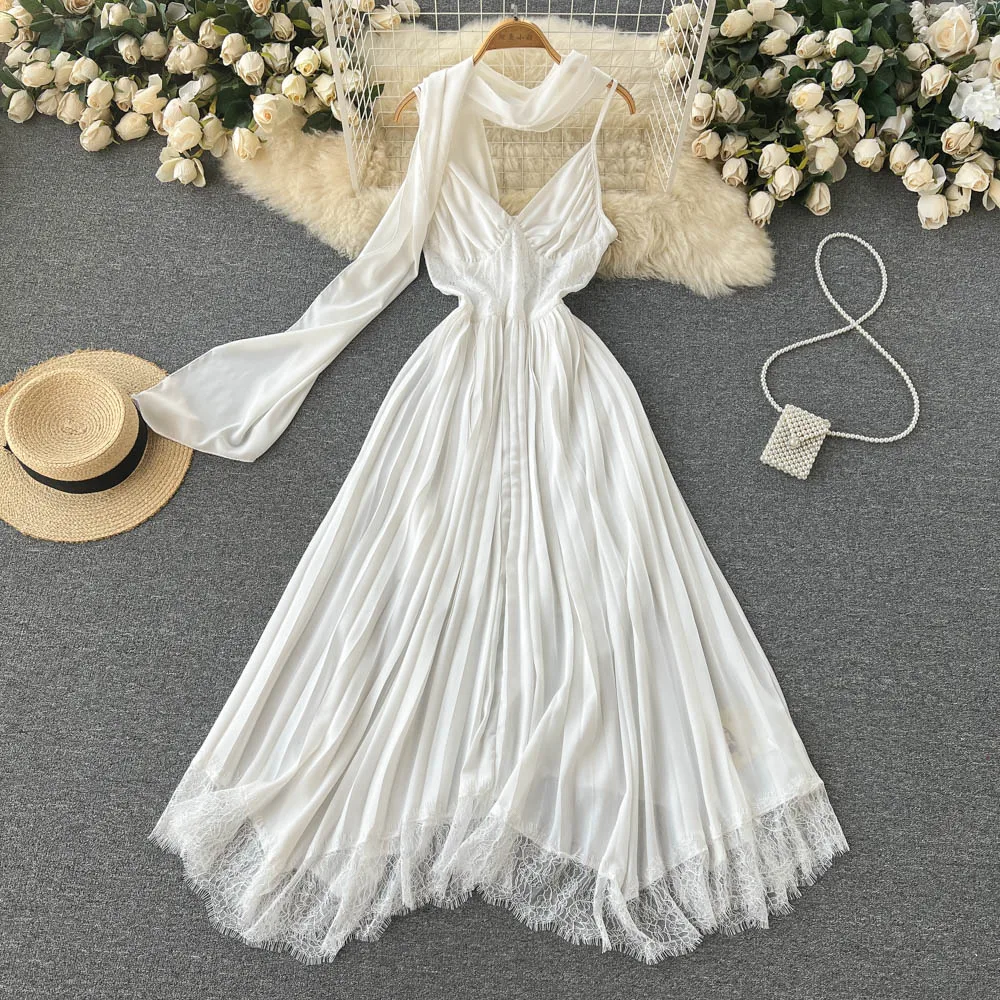 

Japanese Sweet Solid Women Dresses Vintage Elegant Spaghetti Strap Chiffon Dress Korean Chic Beach Style Boho Vestidos