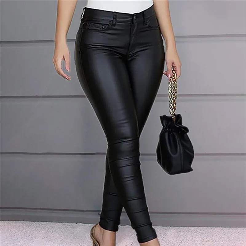 

Leather Casual Pants Small Feet Pants Women Warm Trousers Sexy Tight-Fitting Ladies Stretch High-Waist Pants Fashion Pure Color