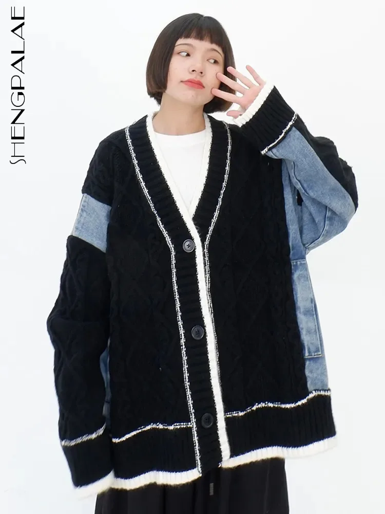 

SHENGPALAE джинсовый свитер для женщин с буквенным принтом, Женский однобортный вязаный кардиган с v-образным вырезом, осеннее пальто, новинка 2023, R7100