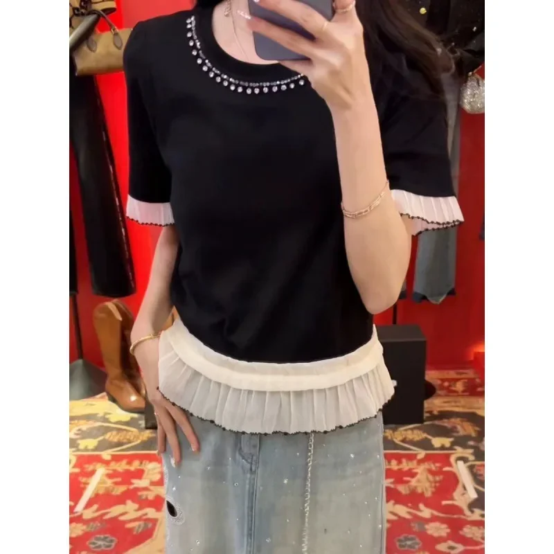 Модная футболка с сетчатыми вставками и коротким рукавом женская летняя Новинка