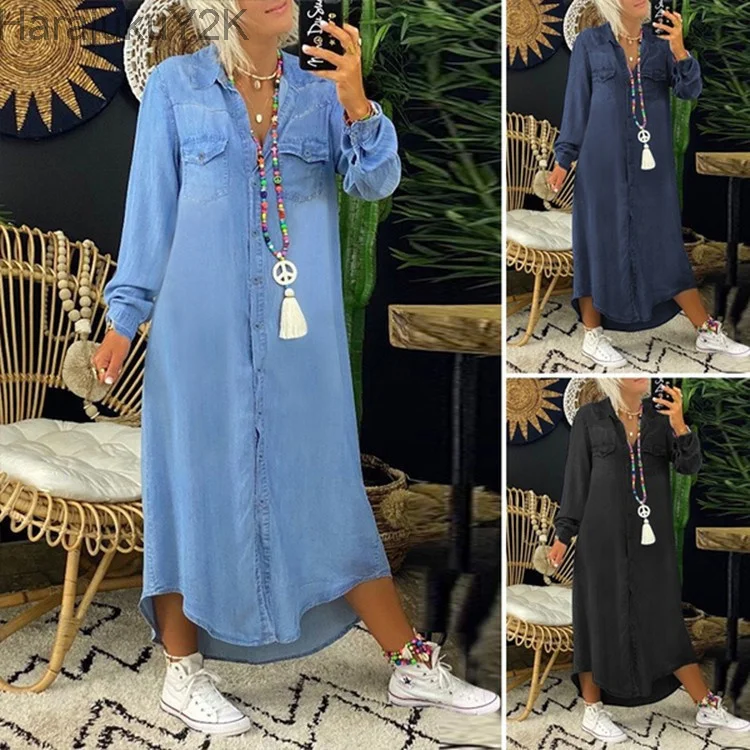 

2023 Spring and Summer New Popular Fashion Hot Selling Women's Dresses Solid Button Pocket Denim Long Dress