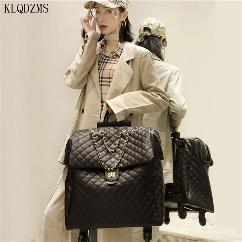 KLQDZMS New Product Diamond Bag Suitcase Portable Universal Wheel Pull Rod PU Leather Bag 18