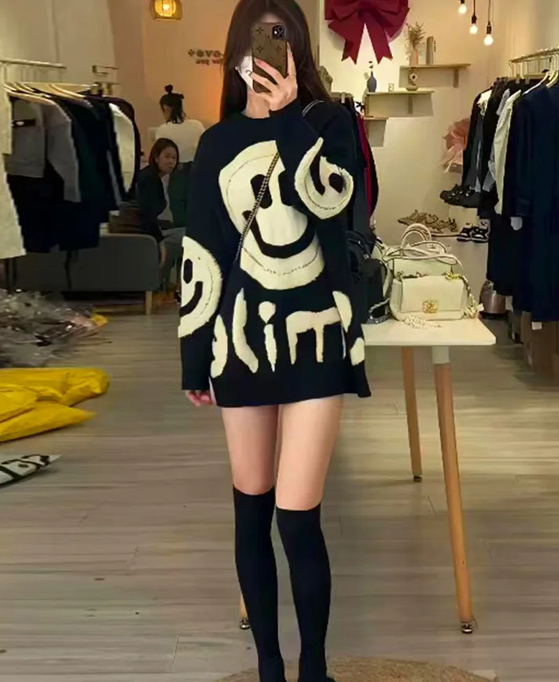 Ретро 3D свитер со смайликом для женщин свободный толстый вязаный трикотаж с