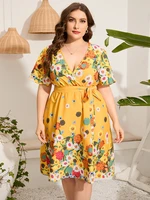 casual vacation summer womens dresses plus size v neck short sleeve lace up print dress xl 5xl ladies clothing female