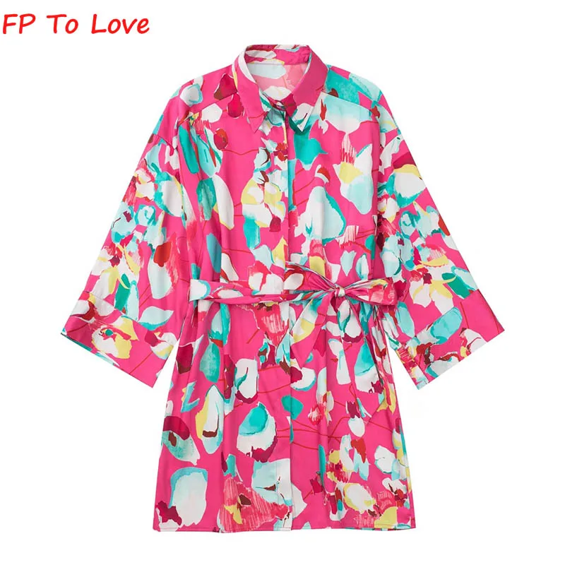 

Летнее однобортное мини-платье FP TO LOVE 2022 с принтом, завышенной талией и шнуровкой, винтажное платье-блуза с отворотом и рукавом до локтя
