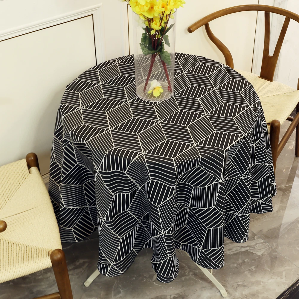 

Round Table Cloth Black Line Geometric Pattern Cotton Printing Tablecloth Nordic Polyester Custom Home Textile Party Decoration