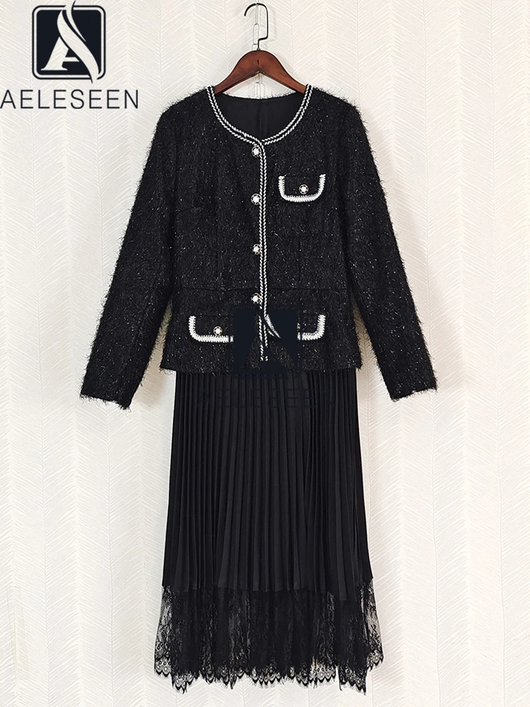 

AELESEEN дизайнерское модное черное плиссированное платье для женщин на весну и осень, кружевное платье с бусинами и пуговицами, элегантное твидовое длинное платье