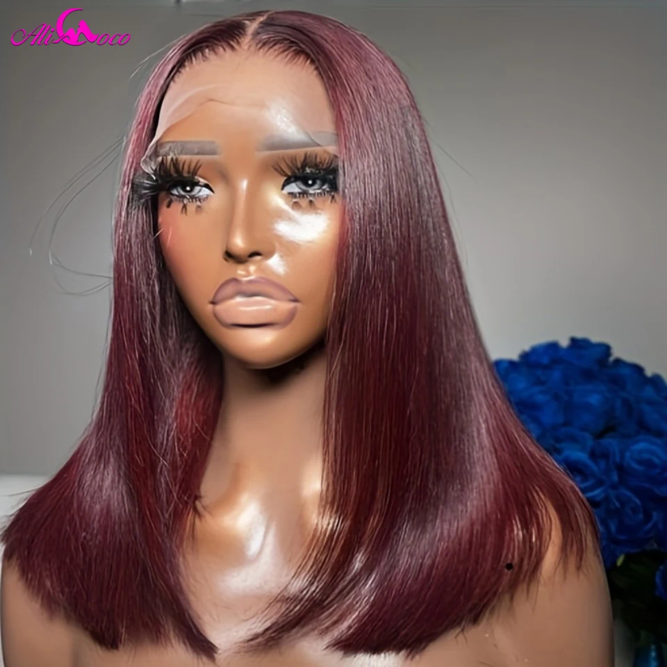Dark Burgundy 99J Straight Bob Hairpiece from Ali Coco 13x4 Transparent Lace Front Human Hair Peruka dla kobiet Remy Swi...