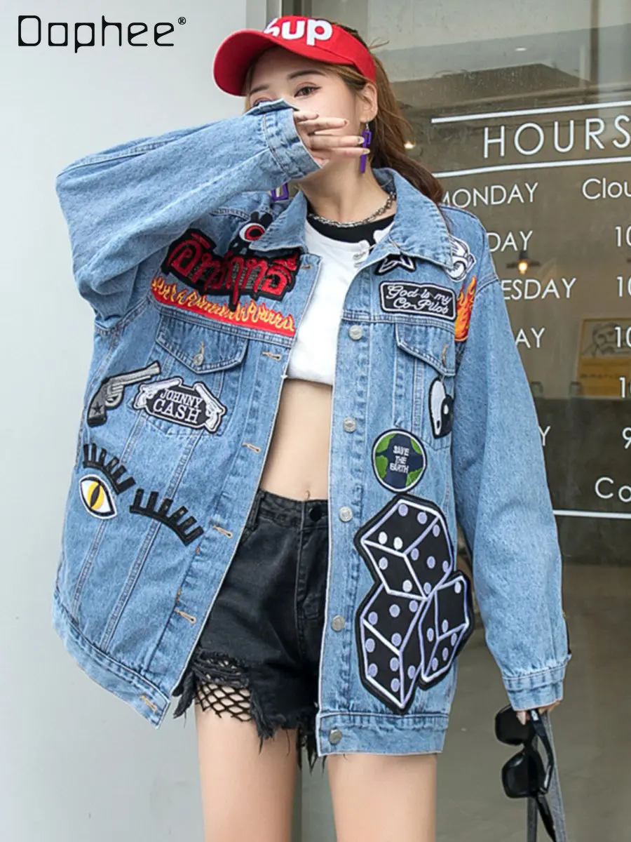 Fashion Brand New Denim Jacket Women's 2023 Spring and Autumn Heavy Embroidery Loose Lapel Long Sleeve Mid-Length Denim Coat