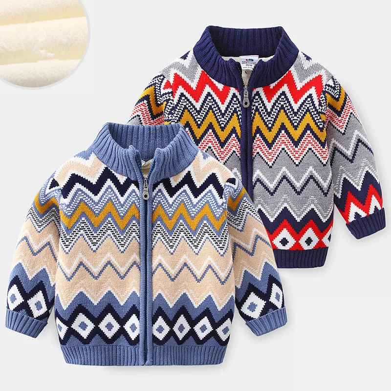 

2022 Winter Warm 2-12 Years Children Outwear Coats Geometric Thickening Plus Velet Turtleneck Sweater Jacket For Kids Baby Boys