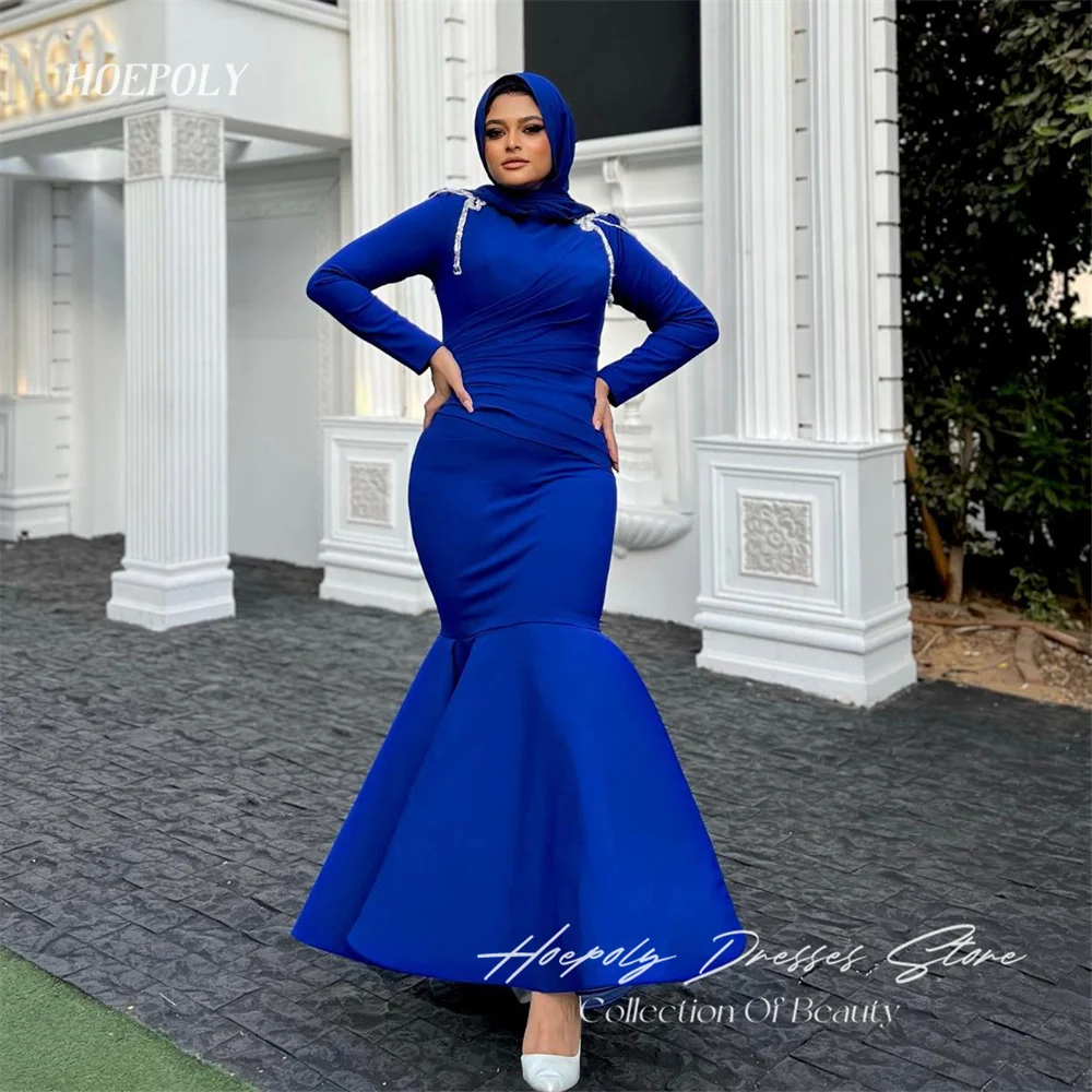 

Hoepoly Simple Satin Muslim Arabic Women Evening Dresses High Neck Ankle Length Mermaid Modest Formal Party Dress