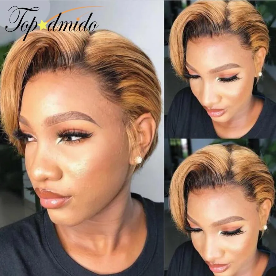 Topodmido Ombre Blonde Color Short Hair Cut Wig with Side Part 13x4x4 Lace Front Wig Straight Hair Pixie Wig 4x4 Closure