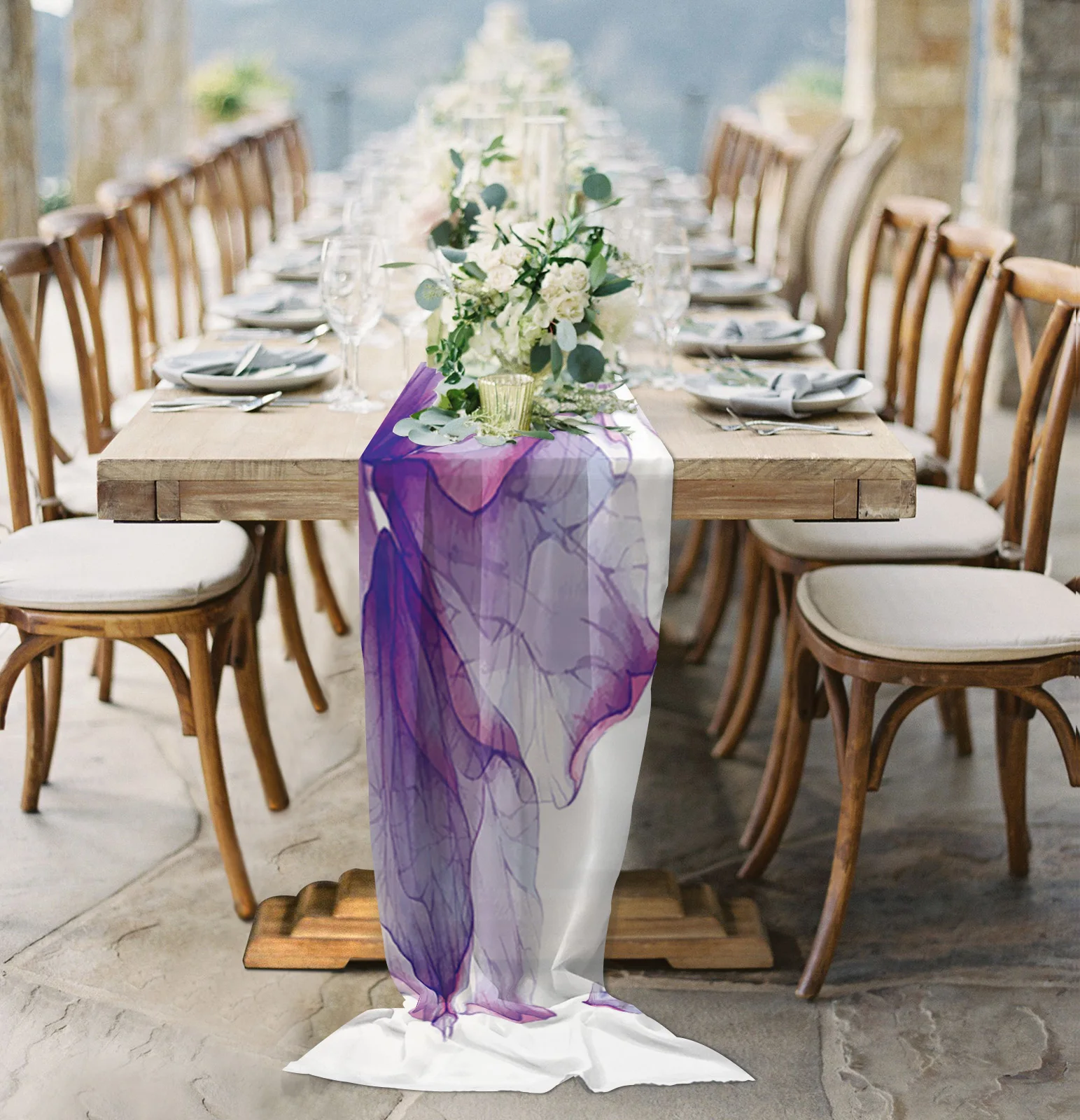 

Purple Petals Watercolor Art Sheer Chiffon Table Runner Wedding Party Birthday Luxury Voile Tablecloth Home Decoration