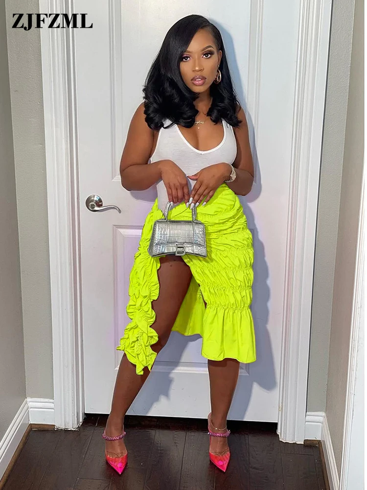 

Однотонные юбки с рюшами для ночного клуба для женщин, соблазнительные уличные хипстерские юбки средней длины с высокой талией и разрезом с...